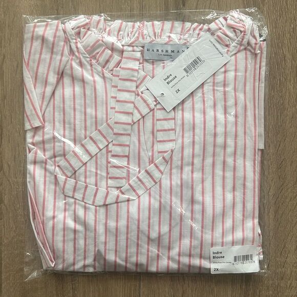 Harshman Indre White Pink Striped Cutout Long Sleeve Cotton Blouse Size 2X - Picture 3 of 6